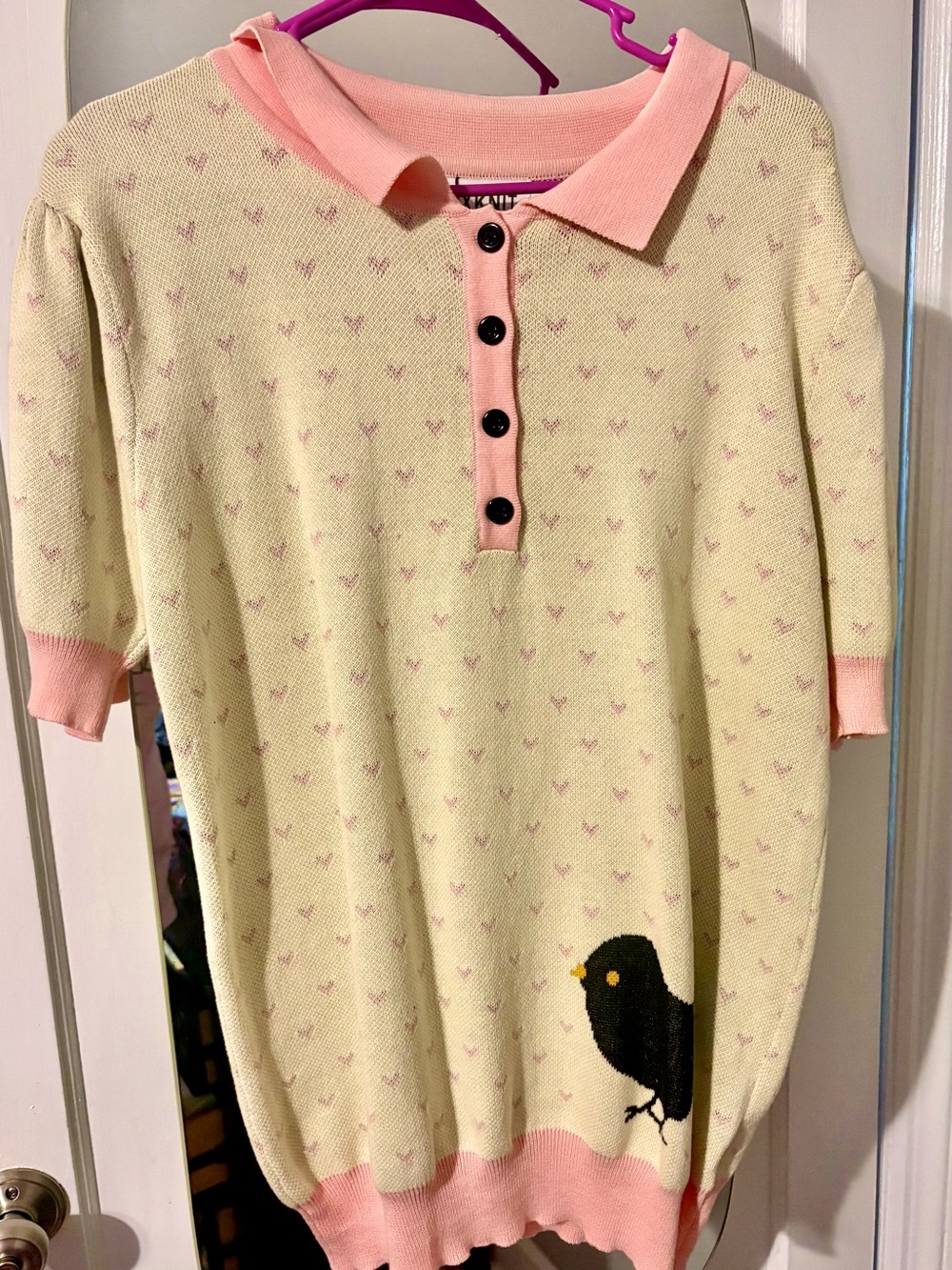 OXKNIT cream-and-pink knit bird polo shirt sweater XL